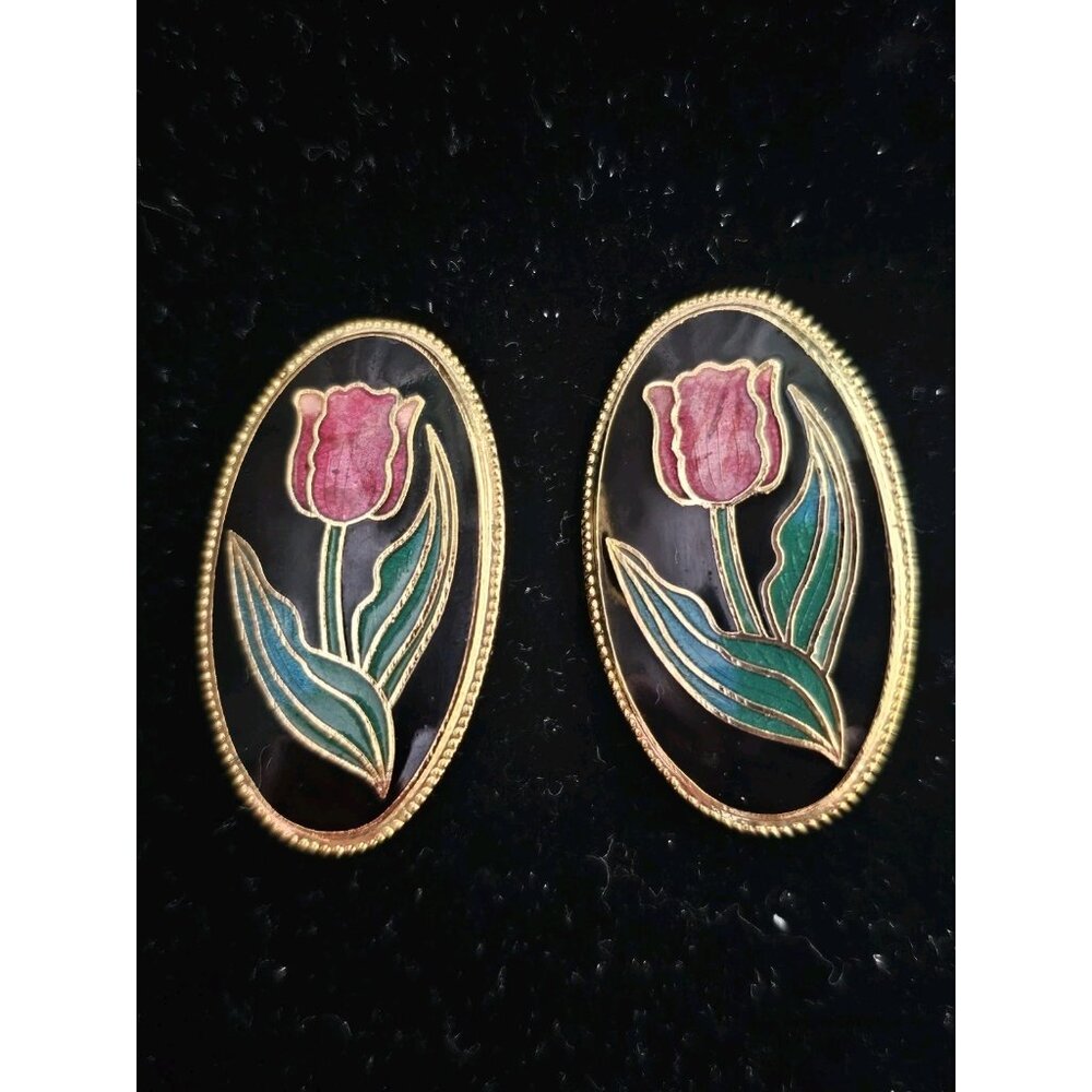 Vintage Tulip Enamel Earrings Clasp 80s - Picture 1 of 4